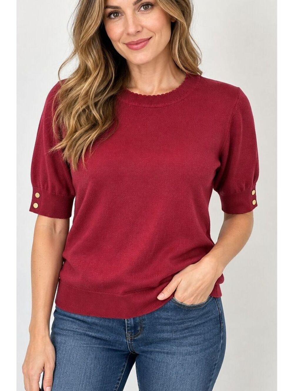 Anne Klein Burgundy Sweater Womens L Gold Button Cuff Short Sleeve Fall